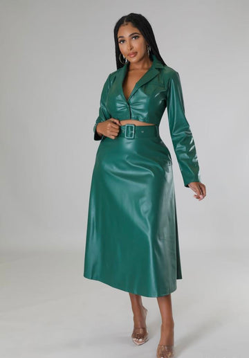 Green Leather Skirt Set